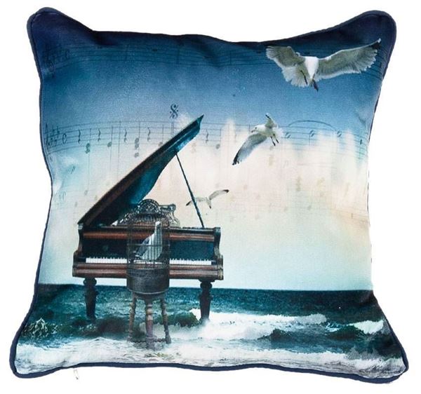 resm Yastıkminder Kadife Keten Mavi Lacivert Piyano Dijital Baskılı Dekoratif Yastık