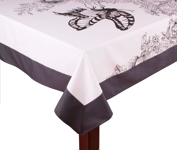 resm Koton Siyah Beyaz Füme Kelebek Çiçek Demeti Desen Dikdörtgen Masa örtü