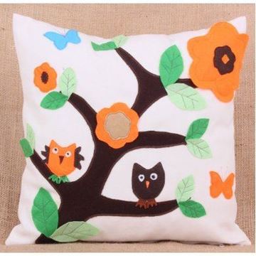 Resim Yastıkminder Koton Polyester Çiçek Baykuş Keçe Aplike Dekoratif Yastık