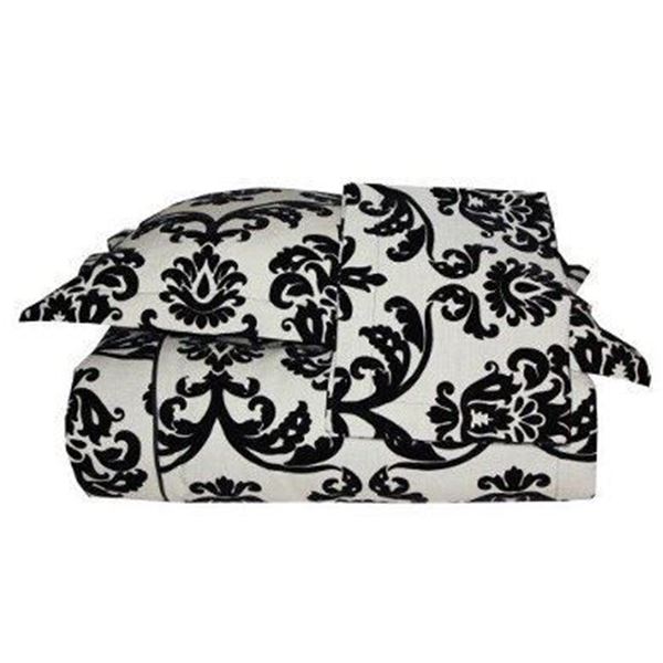 YASTIKMİNDER KETEN KUMRENK SİYAH DAMASK DESEN FLOK BASKI  260X260 -2 YASTIK KILIFLI YATAK ÖRTÜ SETİ resmi