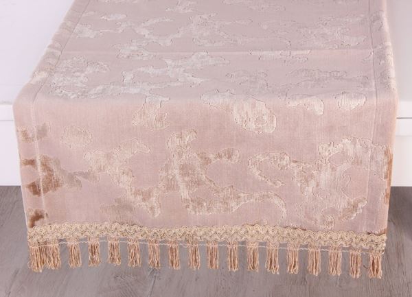 resm YASTIKMİNDER KOTON KADİFE ESKİTME DESEN BEJ RENK SAÇAKLI RUNNER ÖRTÜ