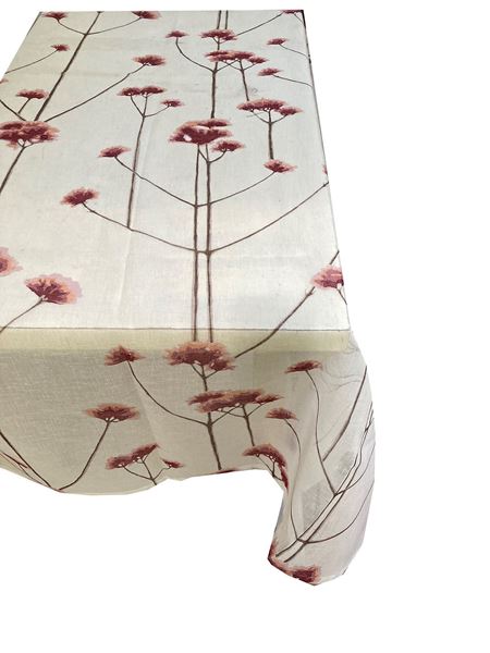 YASTIKMİNDER KETEN KREM BEYAZ BORDO PONPON ÇİÇEKLER DESENLİ 140X220 MASA ÖRTÜ resmi