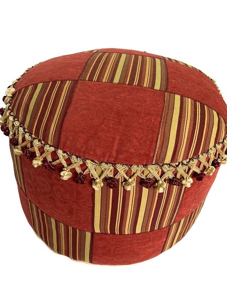YASTIKMİNDER SÖNİL BORDO SARI ÇİZGİLİ ÇAPI 55 cm YÜKSEKLİK 35 cm YAMALI AYAK PUFU resmi