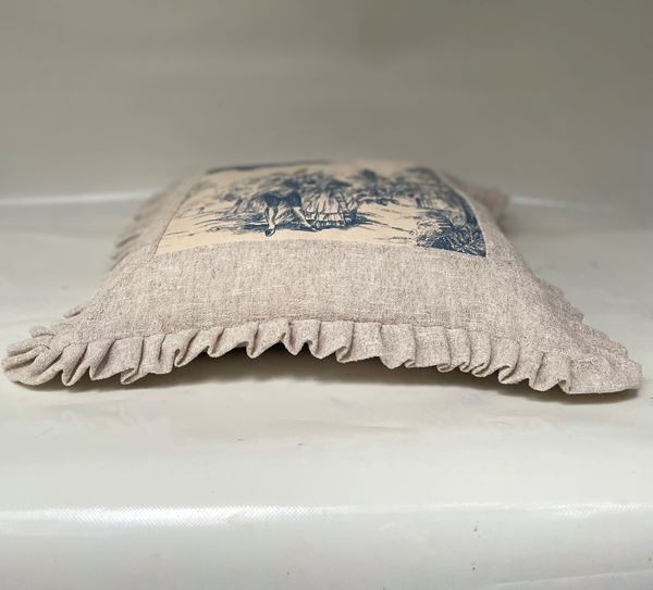 Yastıkminder Keten Koton Mavi Kemik Toile Du Jouy Desen Dekoratif Yastık Kılıfı resmi