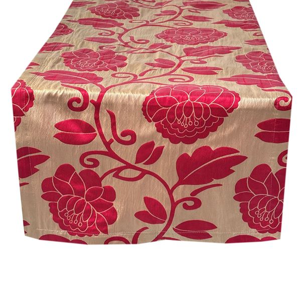 resm RUNNER MASA ÖRTÜ 140X45 cm TAFTA KUMAŞ BEJ KIRMIZI OTOMAN OSMANLI GÜL DESEN