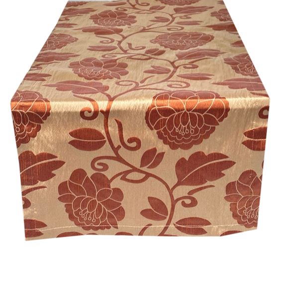 resm RUNNER MASA ÖRTÜ 140X45 cm TAFTA KUMAŞ BEJ OTOMAN OSMANLI TABA RENK GÜL DESEN