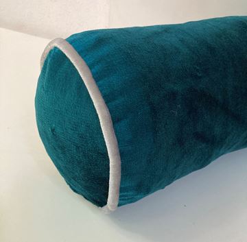 Resim SİLİNDİR SOSİS 42 cm ÇAPI 14 cm KADİFE KOTON PETROL MAVİ KIRLENT YASTIK