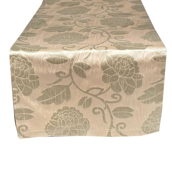 resm RUNNER MASA ÖRTÜ 140X45 cm TAFTA KUMAŞ KREM FITIK YEŞİL RENK OTOMAN OSMANLIBEJ RENK GÜL DESEN